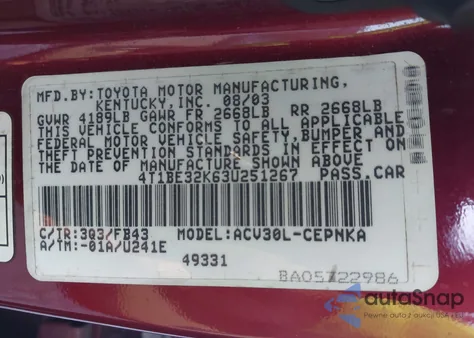 2003 Toyota Camry Le z USA, uszkodzony, nr VIN 4T1BE32K63U251267